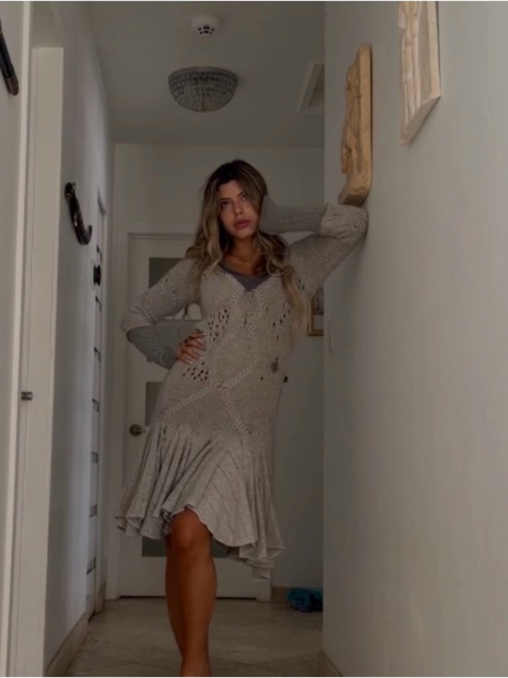Just Cavalli Light Gray Long Sleeve Knit Dress with Ruffle Hem